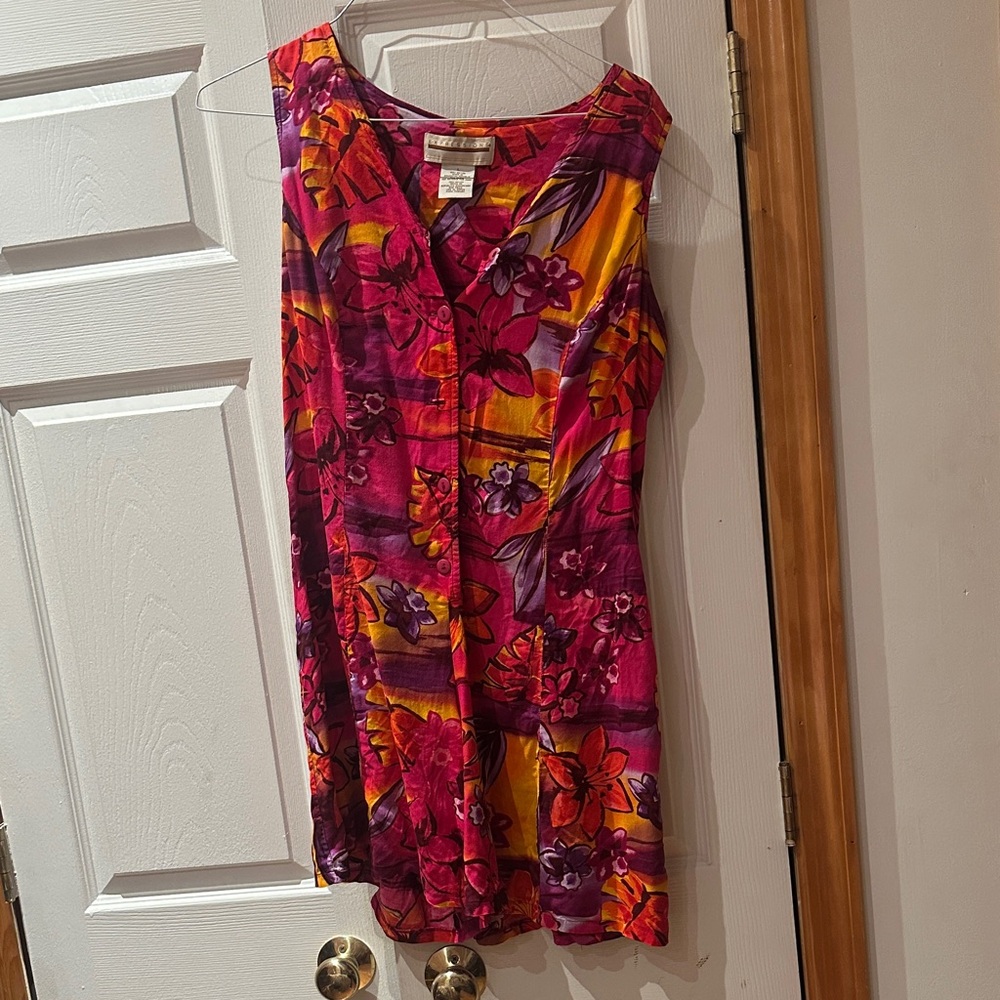Expressions Pink and Purple Floral Hawaiian Romper Coverup Vintage Size L FLAW